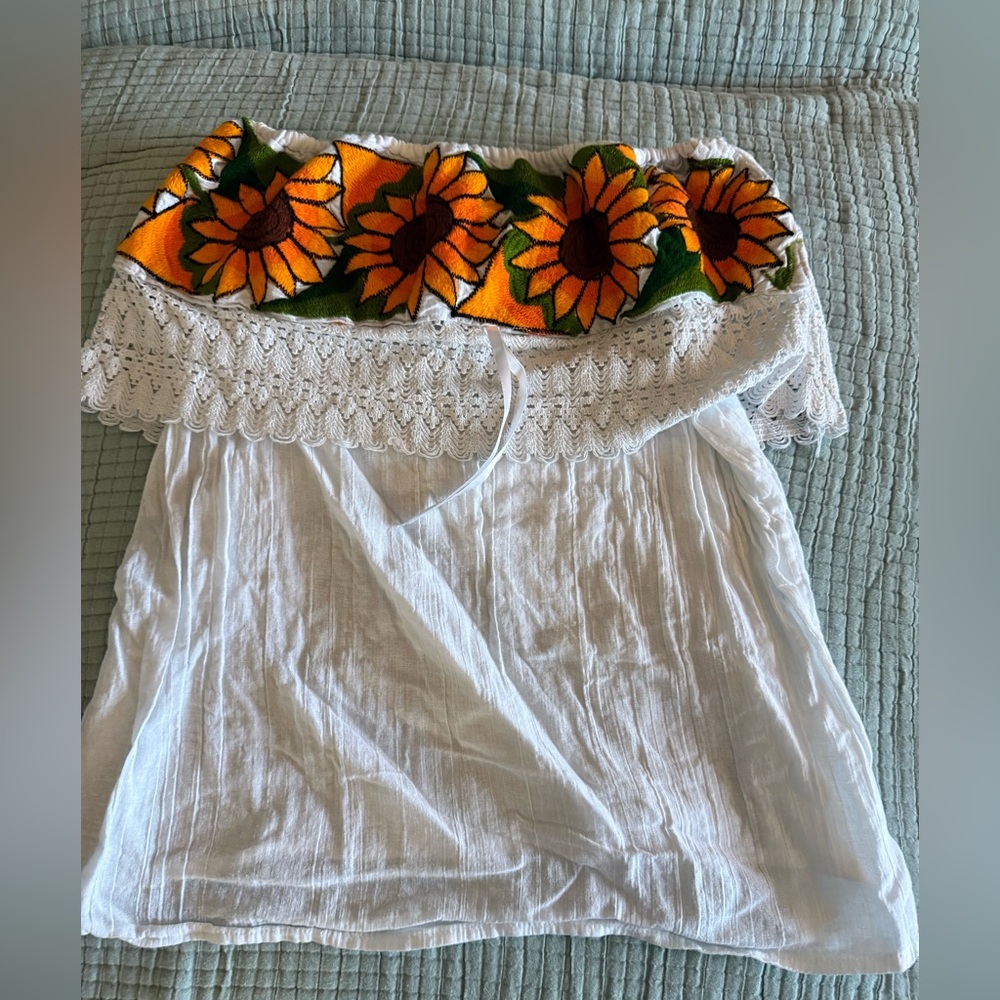 Sunflower Embroidered Off-Shoulder Top Tunic Vintage Lace